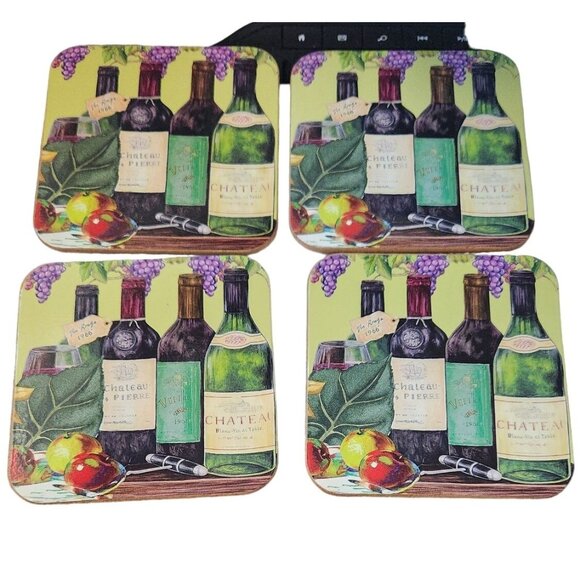 Wine Bottles Grapes Set of 4 Coasters Cork Backing Wood Glossy 3 1/2" x 3 1/2" - Picture 6 of 6